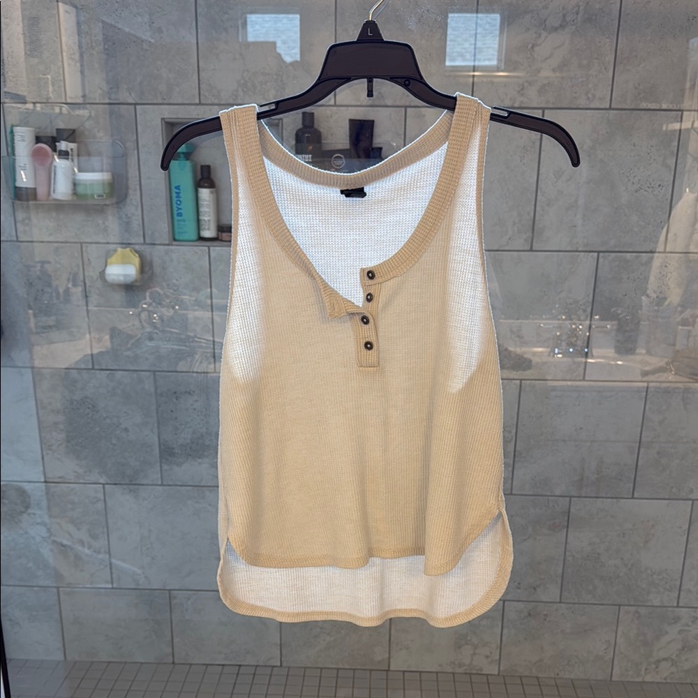 Tan and White Sleeveless Scoop Neck Tank Top